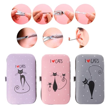 

7 PCS Cute Cat Pedicure Manicure Set Nail Clippers Cleaner Cuticle Grooming Case