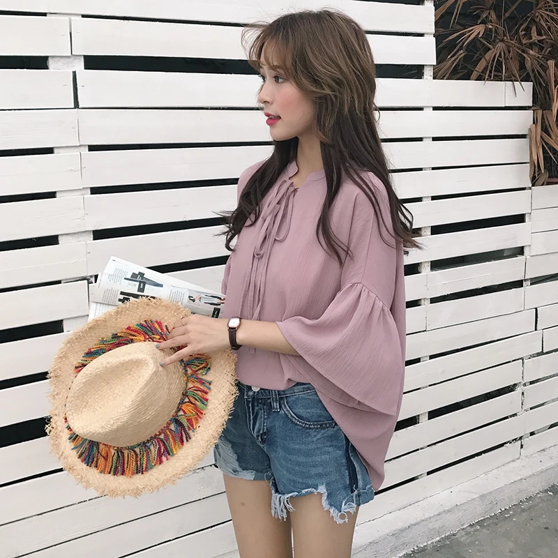 Женская одежда милая Свободная блузка ulzzang однотонные женские блузки на шнуровке