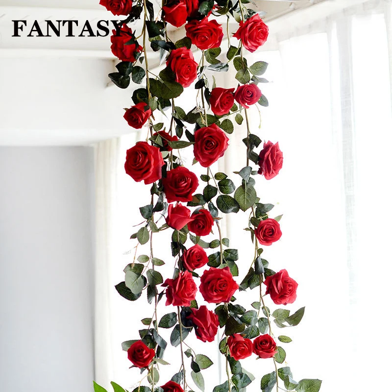 

FANTASY Silk Rose Vine Fake Plant Ivy Artificial Flower Rose String 180cm Simulated Wall Hanging Rattan For Garden Wedding Decor