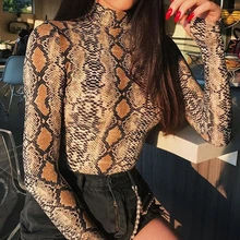Женский облегающий боди с высоким воротом и длинным рукавом, принт змеиной кожи, топы с леопардовым принтом