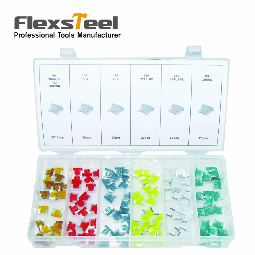 

Flexsteel 120 Pcs Automotive Car Truck Standard Mini Blade Fuse Assortment Kit 5,7.5,10,15,20,25,30 AMP Low Profile