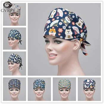 

Surgical Cap Unisex Adjustable Cotton Breathable Cartoon Printing Doctor Nurse Medical Cap Beautician Work Hat with Sweat Towel
