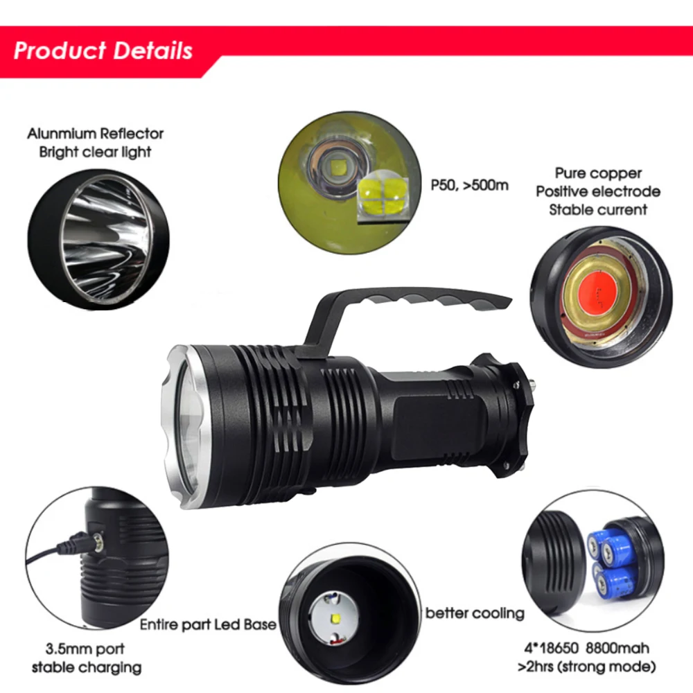  Powerful XHP50 LED Tactical Flashlight lanterna Torch 4 x 18650 Rechargeable Direct charging Torch  - 32909875566