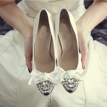 Fashion Rhinestone Spring High Heel Shoes White Satin Bridal Shoes Wedding Bridesmaid Shoes Round Toe Platform Pumps with Bow