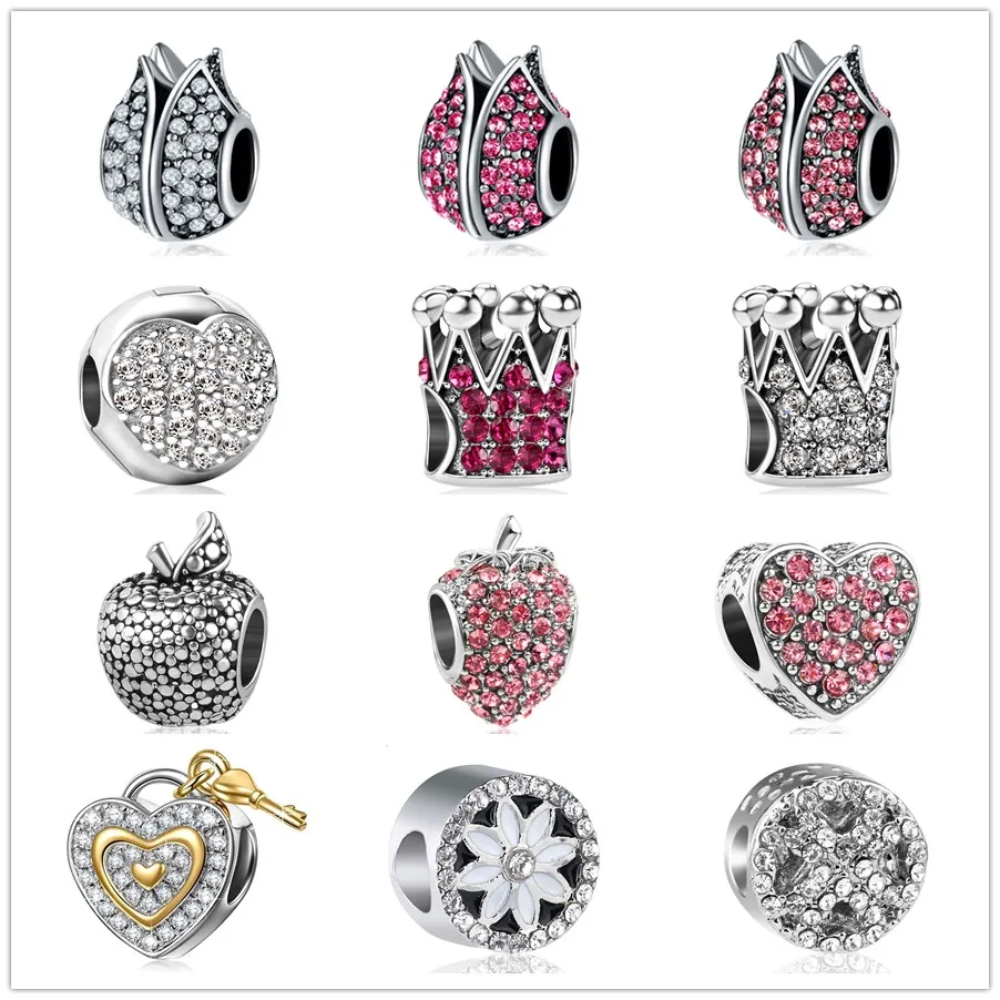 

Lotus Flower Apple Crown Strawberry snowflake love Clip Beads Charms Crystal Fit Pandora Bracelets Charm DIY Original Jewelry