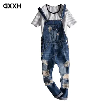 

2019 New Male Suspenders New Casual Light Blue Denim Overalls Ripped Jeans Pockets Men's Bib Jeans Boyfriend Jumpsuits Size 5XL