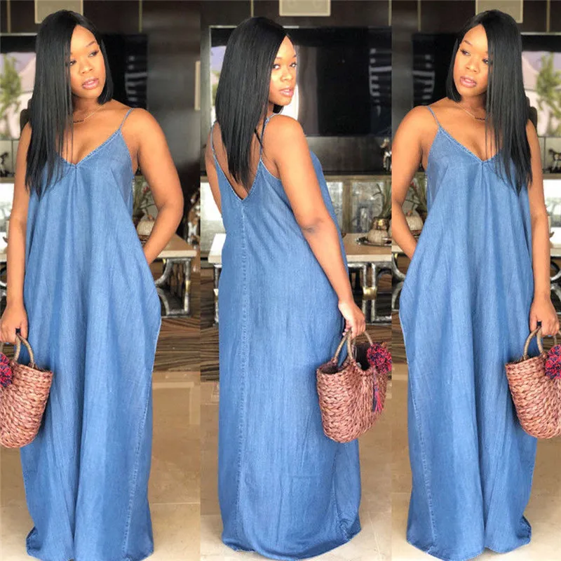

2019 Summer Sexy Women's Boho Backelss Long Denim Maxi Dress Women Loose Casual Solid Color Jean Sundress Plus Size
