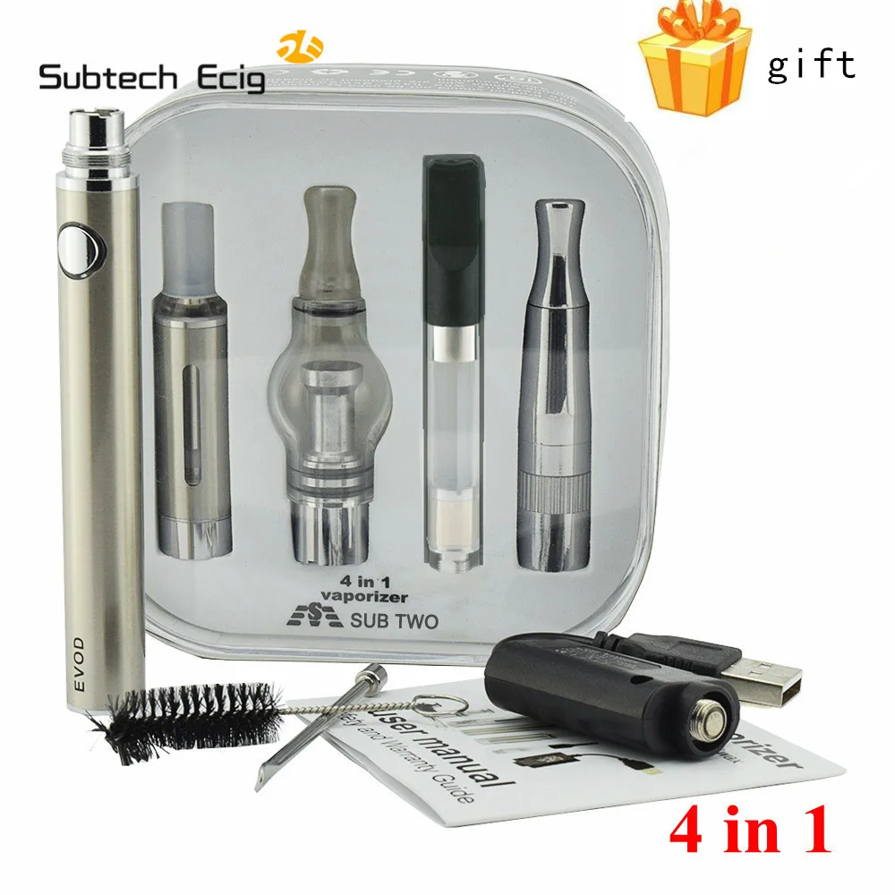 Billige Subtech 4 in 1 elektronische zigarette verdampfer kit für trockene kräuter wachs flüssigkeit patrone eingebaute evod batterie vape kit