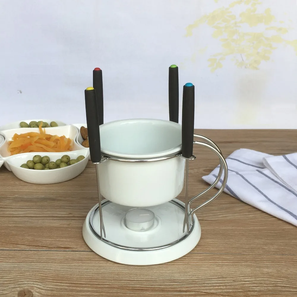 

7pcs chocolate fondue set cheese hot pot ceramic ice cream furnace with fork and candle