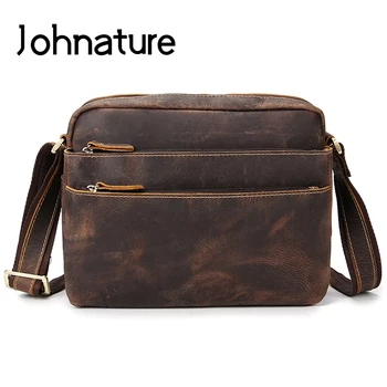 

Johnature 2020 New Vintage Solid Men Genuine Leather Shoulder&Crossbody Bags Crazy Horse Leather Leisure Commuter Messenger Bag