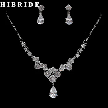 

HIBRIDE Trendy Water Drop Cubic Zirconia Wedding Jewelry Sets Luxury Statement Necklace Earrings Set Dress Accessories N-246