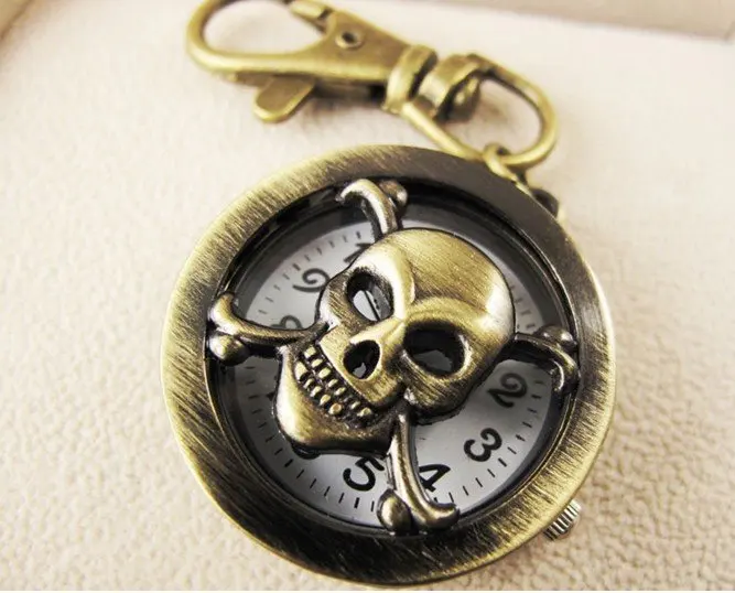

(2216) 12 pcs/lot free shipping vintage antique bronze skull pocket watch key chain