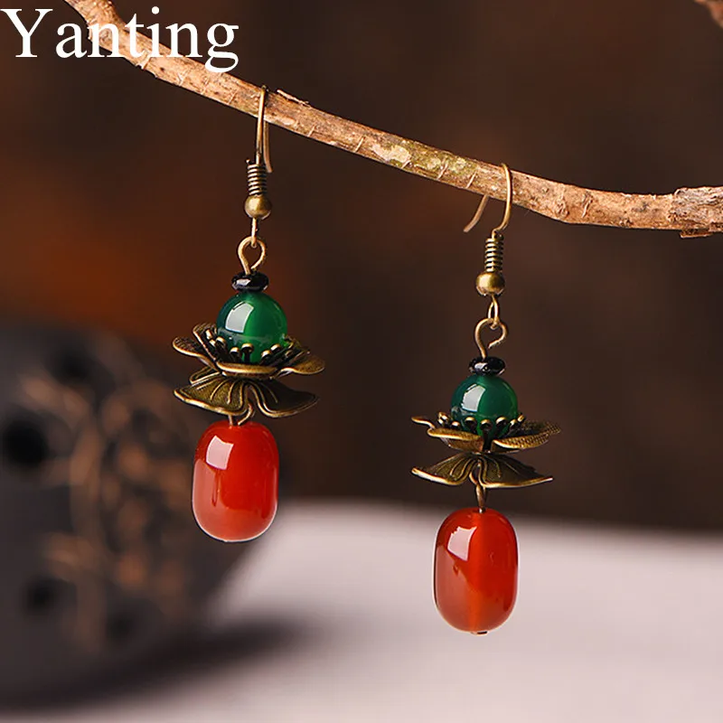 Yanting Red Green Stone Earrings For Women Vintage Copper Alloy Flower Earings Fashion Jewelry Brincos Simple Earring Female 070