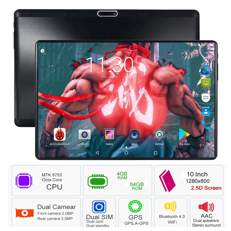  Hot 4GB RAM 64GB ROM 10 inch Tablet Octa Core Dual SIM Card Slots Youtube 1280X800 2.5D IPS Screen 