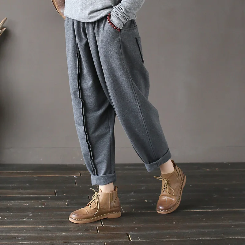 

Nefeilike Women Pants 2018 Autumn Winter New Elastic Waist Trouser Casual Knitted Cotton Pockets Women Brief Vintage Harem Pants