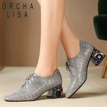 

ORCHA LISA Woman diamond Pumps Genuine leather cross-tied colorful crystal square High heels Lady party office shoes size 42