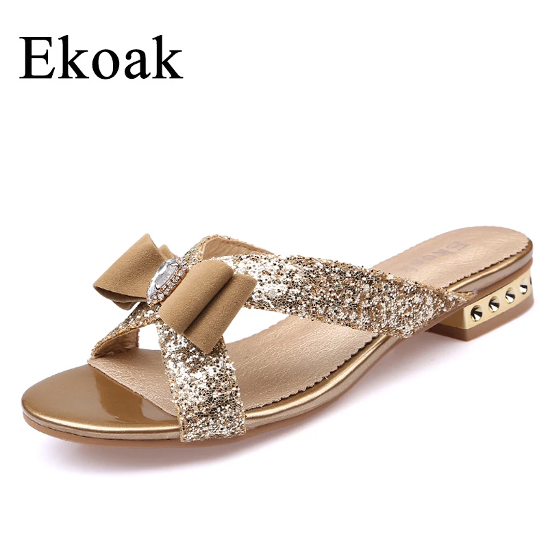 Ekoak New Fashion Women Sandals Ladies Sexy Crystal Bling Bowtie Party Dress Shoes Woman Summer Beach Shoes Girls Slides ekoak new 2018 summer shoes woman fashion crystal women sandals ladies wedges platform shoes woman party shoes gladiator sandals