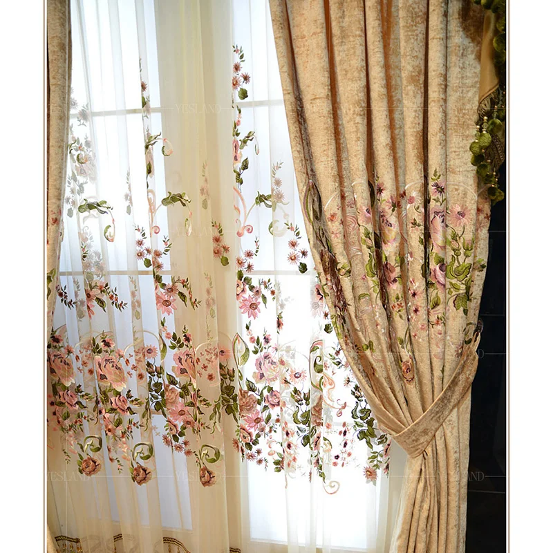 Высококачественный Американский синель ткань шторы для гостиной вышитый цветок ламбрекен маркизет Тюль Шторы для спальни
