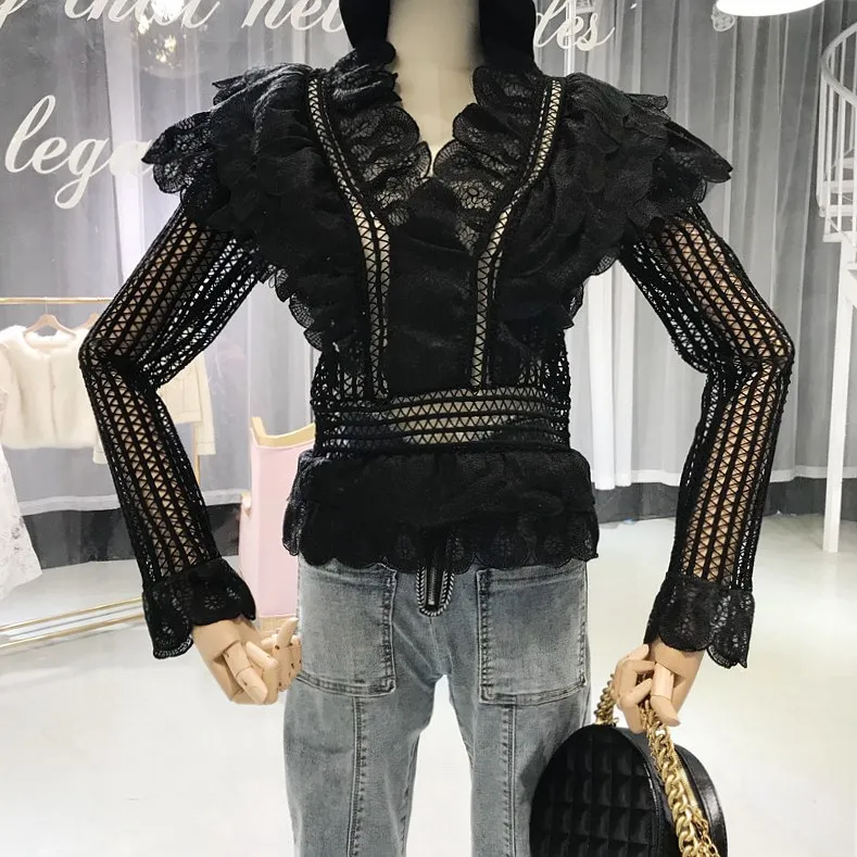 Для женщин Мода отделка из оборок выдалбливают кружевная блузка повседневное Slim Fit Твердые элегантная Blusas Mujer De Moda