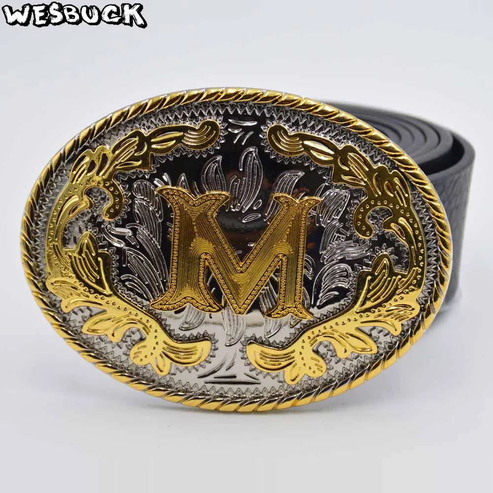 

5 PCS MOQ WesBuck Brand Oval 3D Lace Gold M Initial Letter Cowboy Belt Buckle With Metal Fashion Women Men's PU Leather Belt