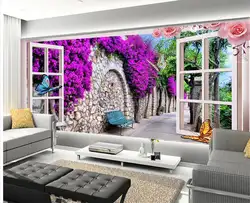 Пользовательские 3D фото обои нетканого росписи Гостиная окна бабочка цветок 3d изображение ТВ диван фон обои Home Decor