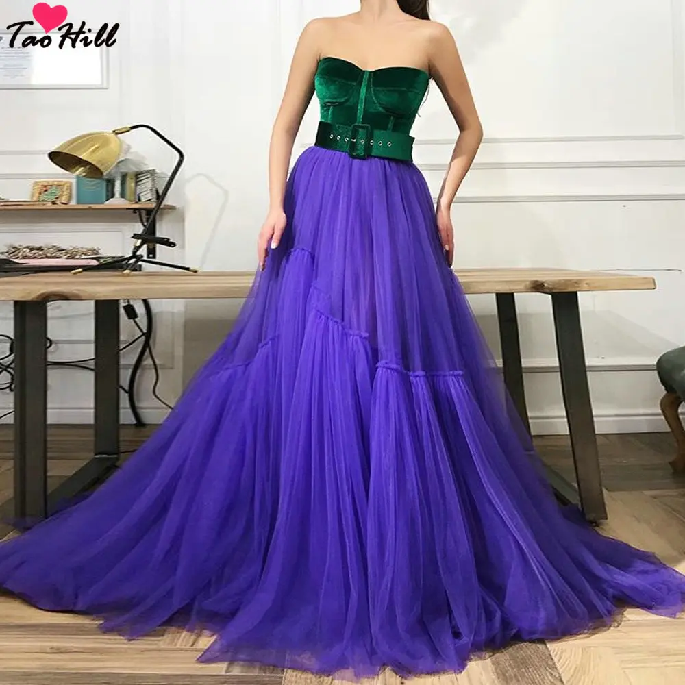 

TaoHill Evening Dresses Purple Tulle A-line Strapless Sweetheart Neck Waist Belt Long Dress Gown