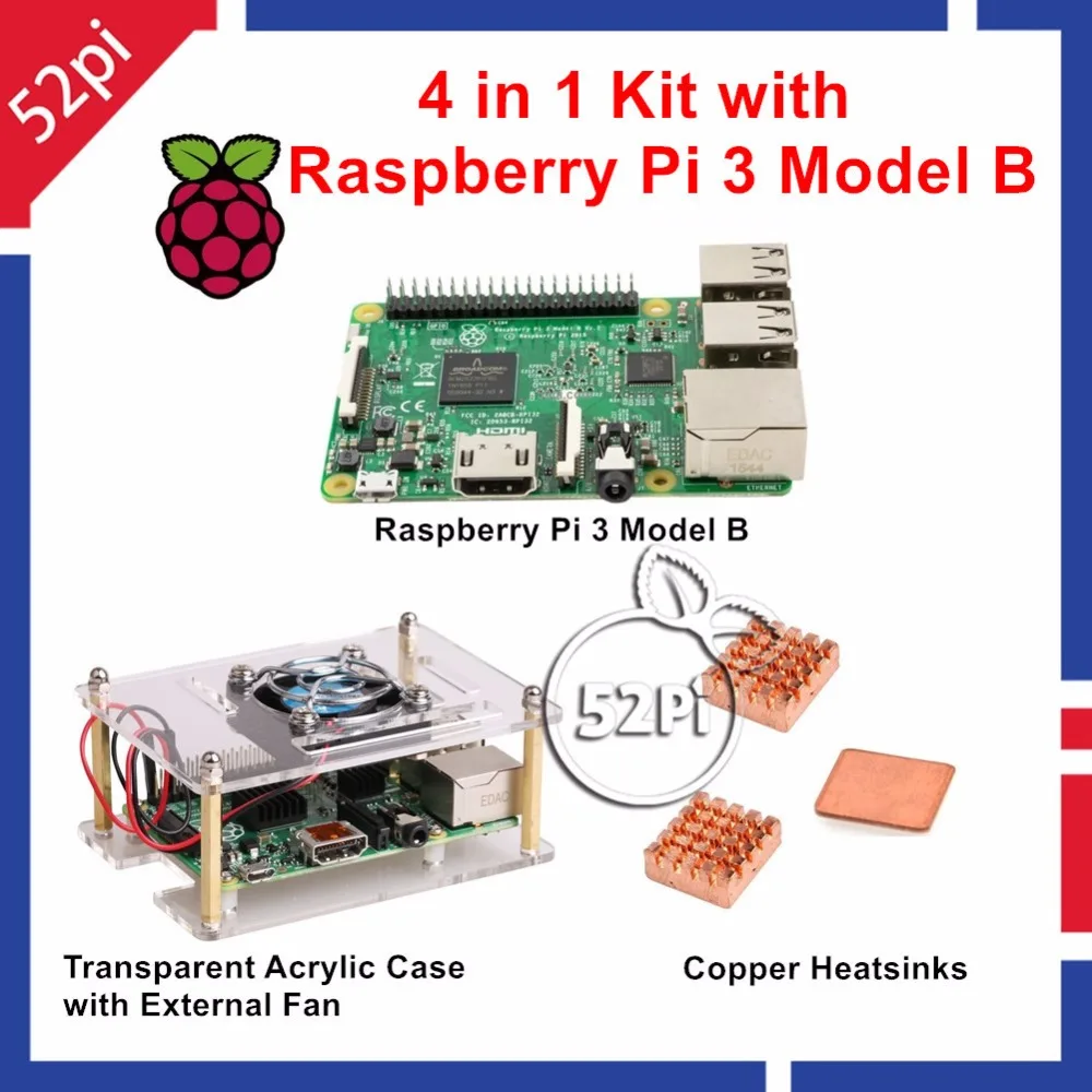 4 в 1 комплект с Raspberry Pi 3 Model B+ прозрачный акриловый футляр корпус с внешним охлаждающим вентилятором+ медные радиаторы