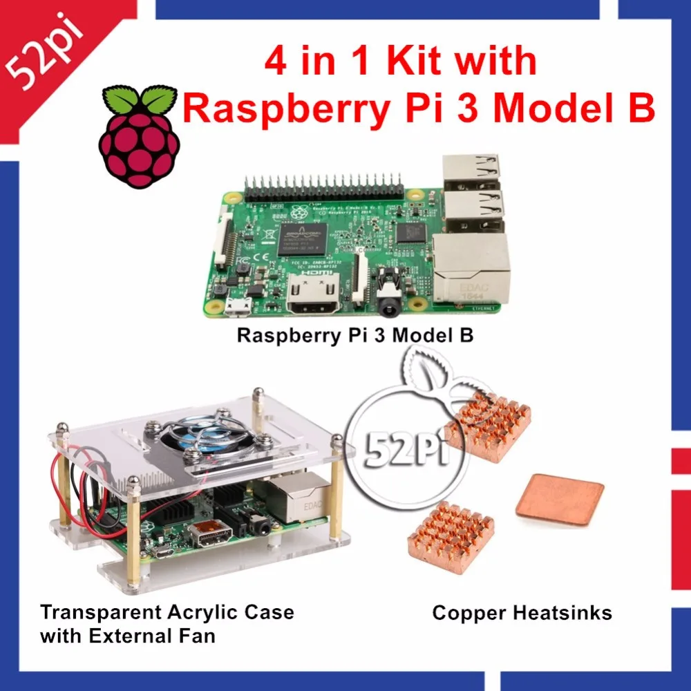 4 в 1 комплект с Raspberry Pi 3 Model B + прозрачный акриловый футляр корпус с внешним охлаждающим вентилятором + медные радиаторы