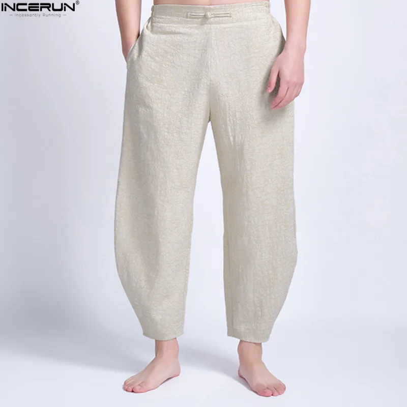 INCERUN Summer Men's Wide Legs Pants Cotton Ankle Length