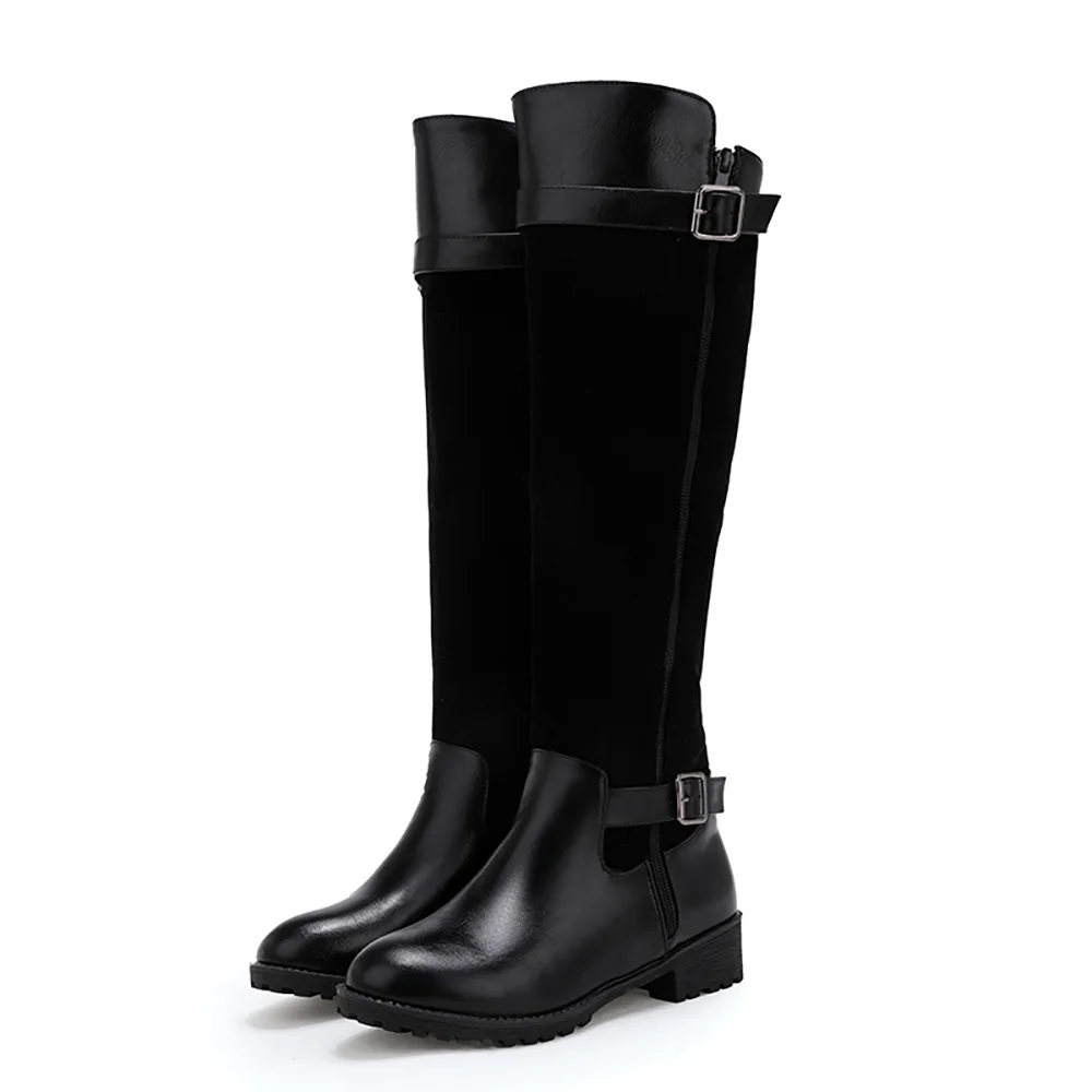 Брендовые новые зимние модные коричневые и черные женские сапоги до колена для верховой езды женская обувь на не сужающемся книзу массивном каблуке большие и маленькие размеры 10, 30, 43, 50, ED11 - Цвет: Black