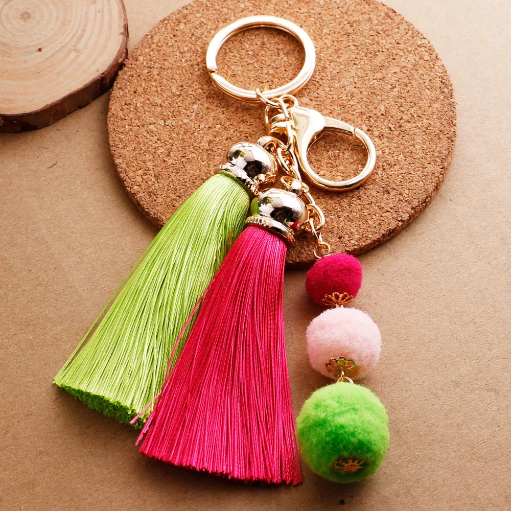 High Quality 25CM silk fringe keychain Pompoms Key chain Car keyring