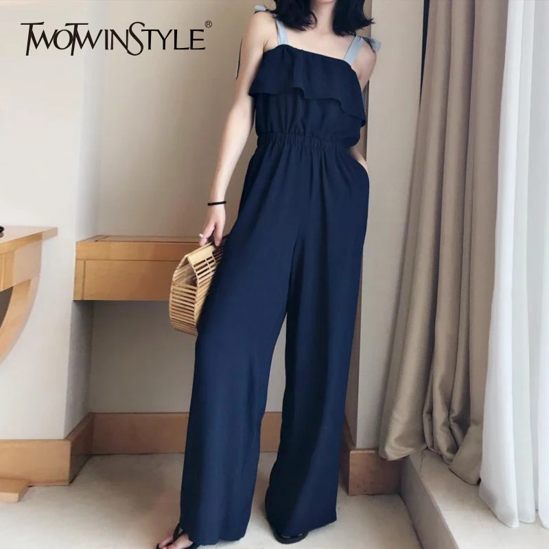 TWOTWINSTYLE Lace Up Jumpsuits Womens Off Shoulder Ruffles Tunic High