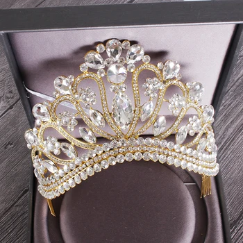 

New Silver Gold Color Wedding Queen Crown Luxury Crystal Big Tiara Crowns With Comb Bride Wedding Bridal Headdress HG-213