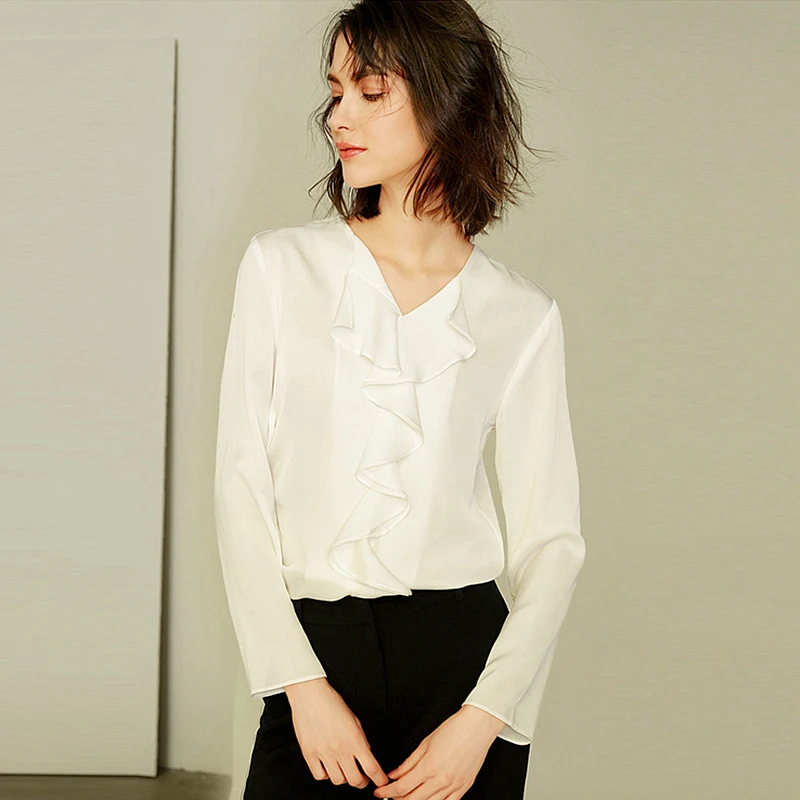 

100% Silk Blouse Women White Shirt Classic Design Solid V-Neck Ruffles Long Sleeves Office Tops Elegant Style 2018 New Fashion