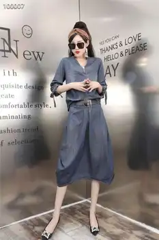 

Fashion suit female 2019 spring and summer new temperament V-neck short-sleeved denim jacket skirt two-piece suit