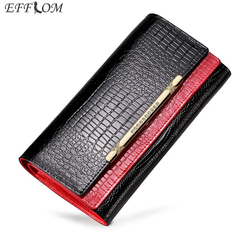 

Crocodile Pattern Patent Leather Women Wallets Female Genuine Leather Coin Purses Card Holders Long Rhinestones Phone Wallet