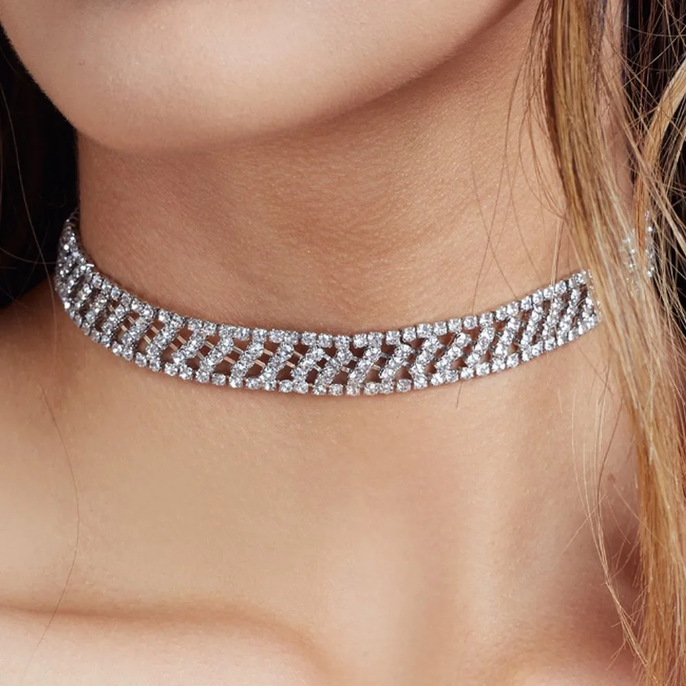 

Stonefans Fashion Wedding Bride Crystal Choker Collar Silver for Women Full Rhinestone Hollow Short Necklace Christmas Jewelry