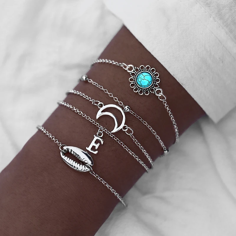 

5 Pcs/ Set Female Retro Moon Letter Shell Bead Round Gem Chain Silver Bracelet Set Personality Girl Party Jewelry Accessories