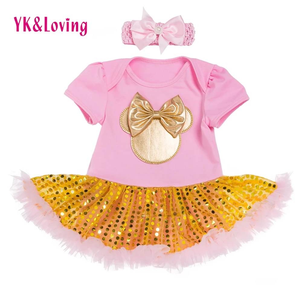 

Baby Clothes 2Pcs Sets Girls Short Sleeve Gold Sequin Sea star Print Lace Pink Tutu Dress Newborn 0-2 yrs birthday Clothes
