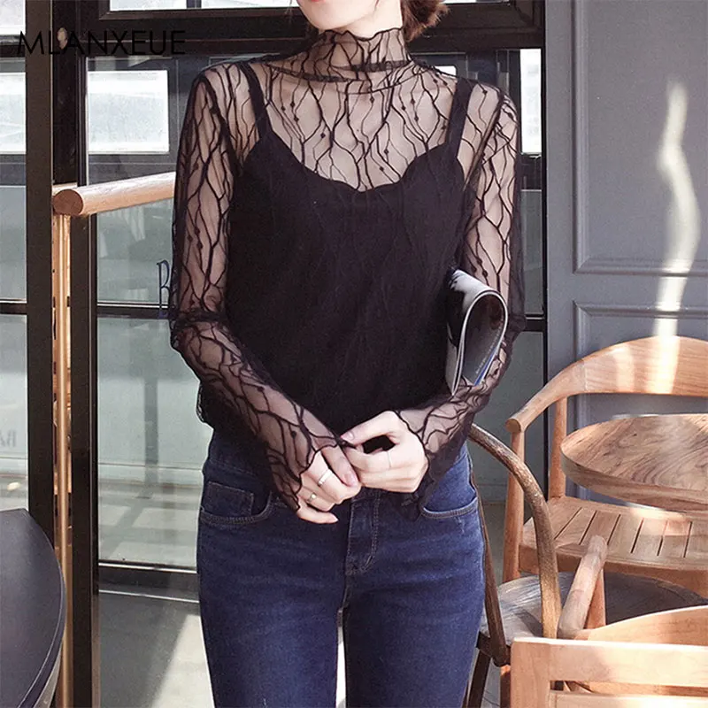 

Sexy Lace Mesh Perspective Tops Women Casual High Collar Hollow Out Wild Bottom Tees Ladies Fashion Elegant Tees Spring Summer