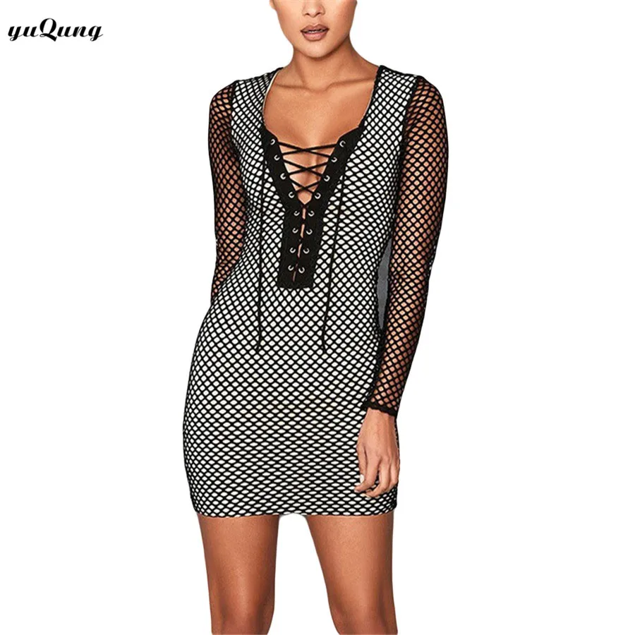Yuqung женщин выдалбливают Карандаш Bodycon Вечеринка платье Осень Длинные рукава на