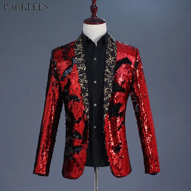Shiny Red Sequin Shawl Collar Tuxedo Suit Blazer Men Wedding Groom