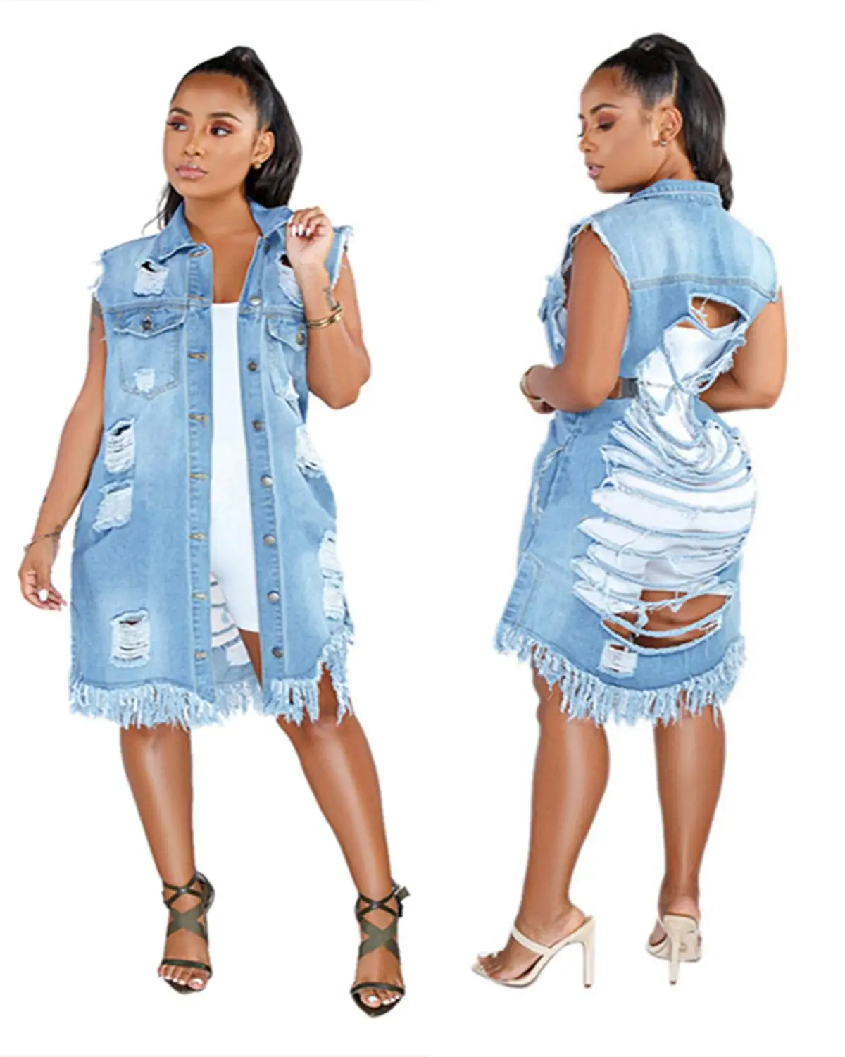 

New fashion women denim dresses summer back hole women sleeveless jeans dresses lady vestidos LA3103