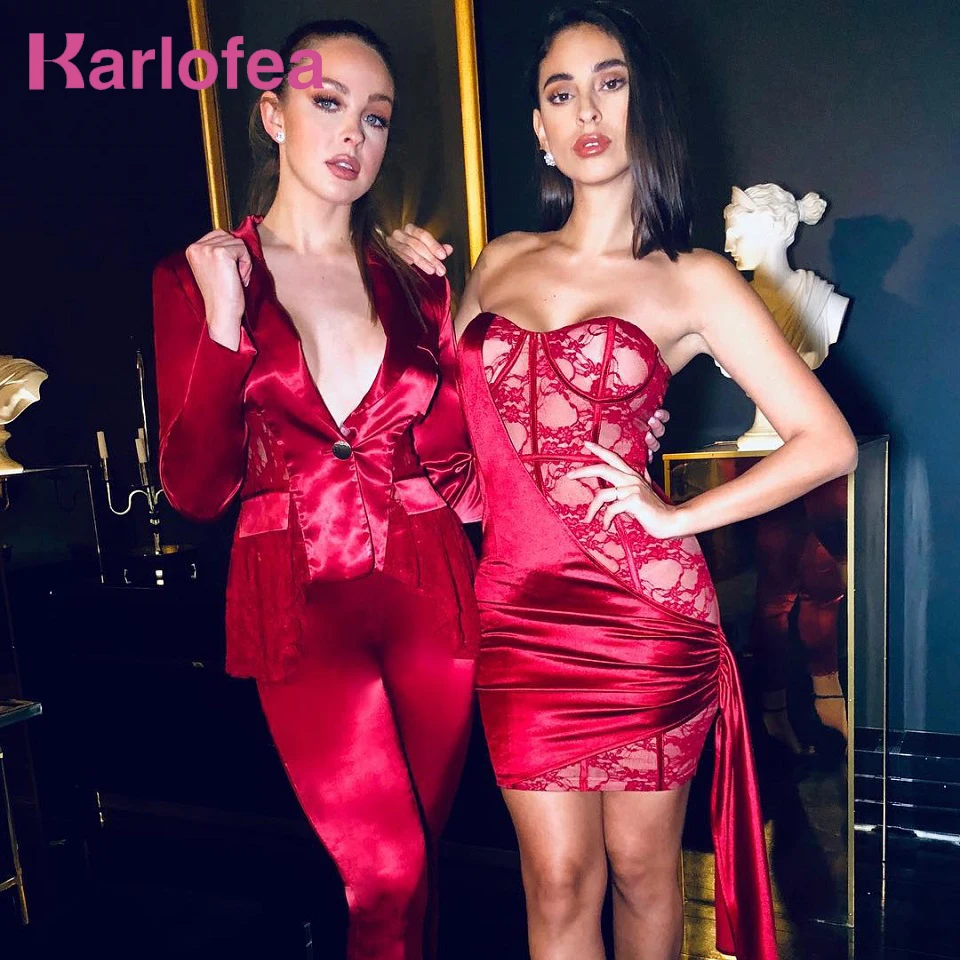 

Karlofea Female New Lace Satin Party Dress Sexy Strapless Bodycon Mini Dress Fashion Draped Elegant Club Birthday Party Dresses