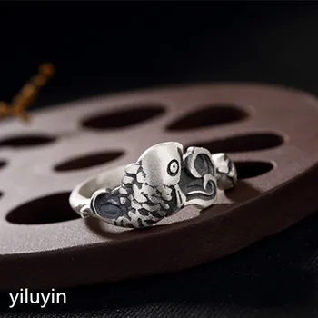 

KJJEAXCMY boutique jewelryar S999 foot silver Cyprinus carp jump Longmen lotus Pure Silver Vintage folk wind opening lady ring