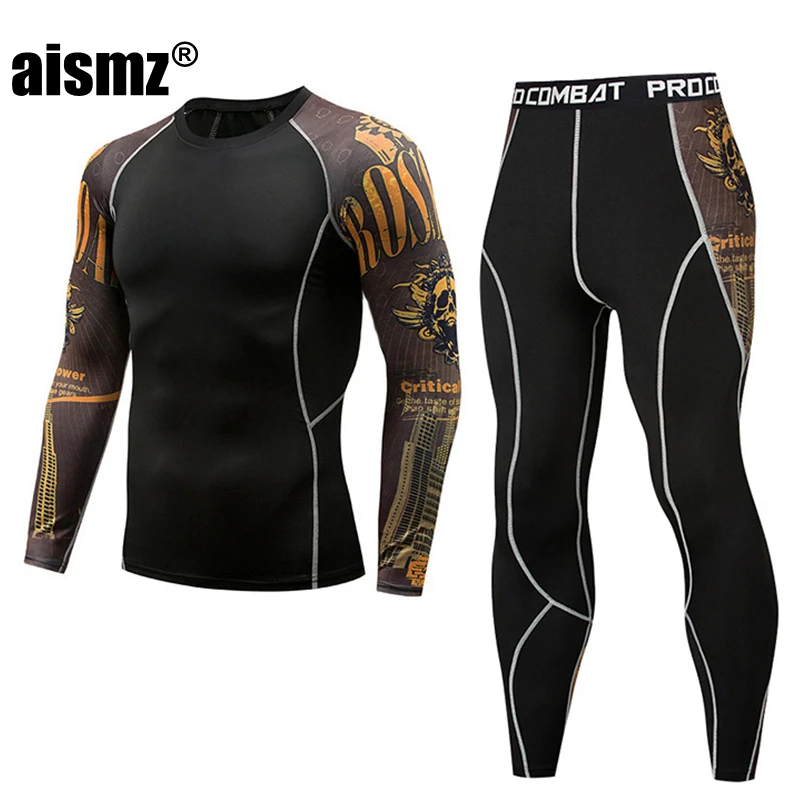 Aismz Men Thermal Underwear Sets Fashion Printing Compression Fleece Sweat Quick Drying Thermo Underwear Men Clothing Long Johns men's thermal underwear sets Long Johns