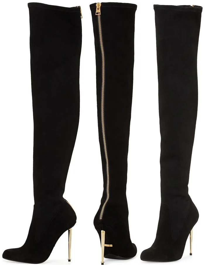 Stretch  Fashion Leather Metal Stiletto Over-The-Knee Boot high heel sexy gold zipper long boots thigh high winter boots