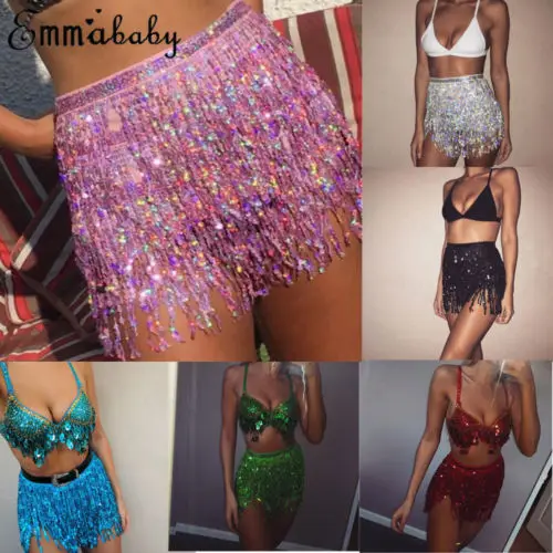 Sexy Women Belly Dance Hip Tutu Skirt Scarf Wrap Belt Glitter Sequins Tassel Hipscarf Skirts Sundress
