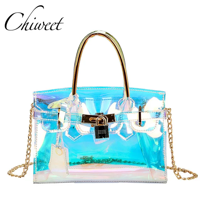 Women Laser Holographic Beach Bag Transpa Jelly Shoulder Women Laser Holographic Beach Bag Transpa Jelly Shoulder Handbags Brand Lock Small Totes Colorful Chain