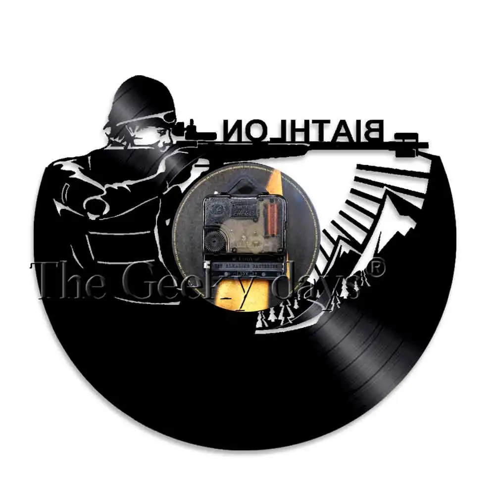 الشتاء بياثلون جدار ديكور فني للمنزل ساعة حائط الرياضة الرماية مسجل فينيل ساعة حائط التزلج بندقية Biathletes ساعة